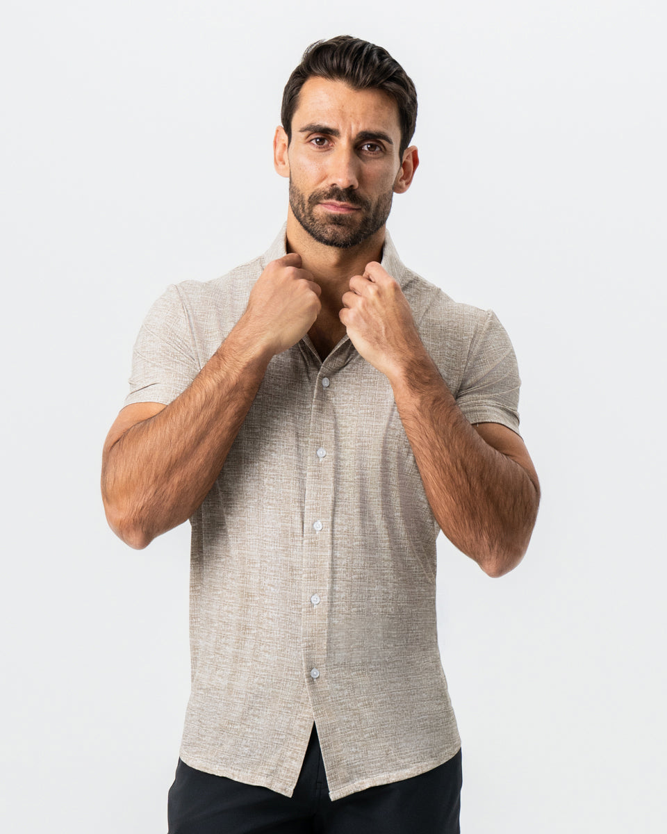 "The Giovanni" Printed Linen Olive Short Sleeve Button Down | State & Liberty Tops