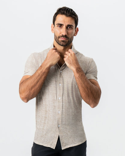 "The Giovanni" Printed Linen Olive Short Sleeve Button Down | State & Liberty Tops