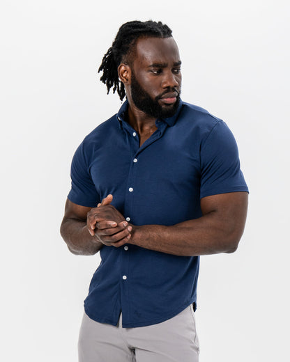 "The Deke" Navy Pique Short Sleeve Button Down | State & Liberty Tops