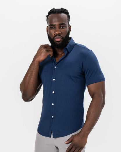 "The Deke" Navy Pique Short Sleeve Button Down | State & Liberty Tops