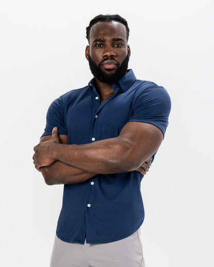 "The Deke" Navy Pique Short Sleeve Button Down | State & Liberty Tops