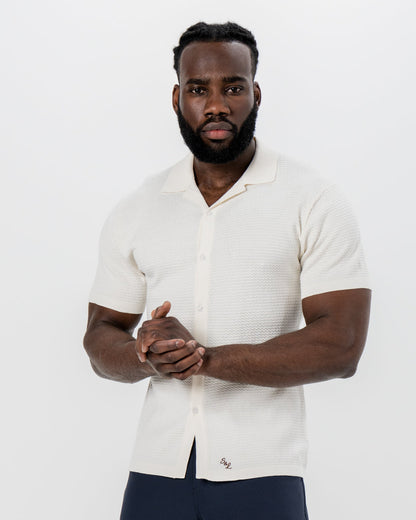Textured Knit Short Sleeve Button Down - Tan | State & Liberty Tops