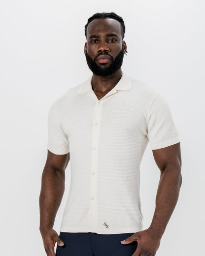 Textured Knit Short Sleeve Button Down - Tan | State & Liberty Tops