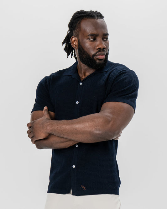Textured Knit Short Sleeve Button Down - Navy | State & Liberty Tops