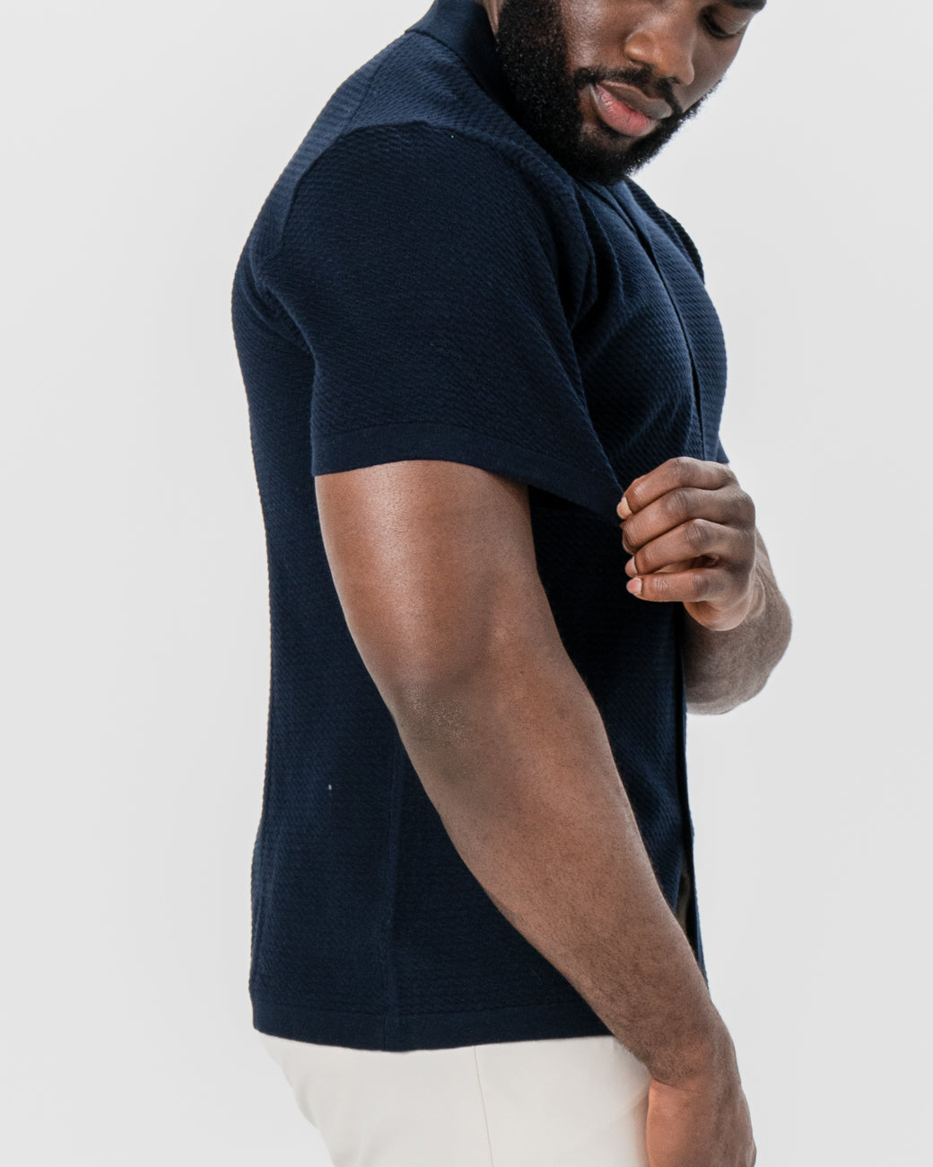 Textured Knit Short Sleeve Button Down - Navy | State & Liberty Tops