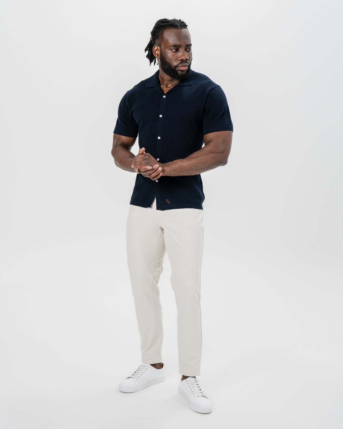 Textured Knit Short Sleeve Button Down - Navy | State & Liberty Tops