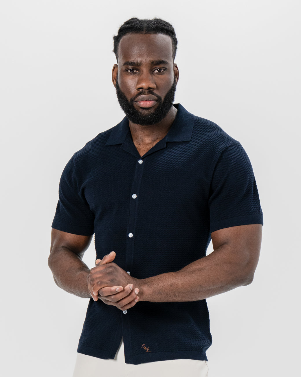 Textured Knit Short Sleeve Button Down - Navy | State & Liberty Tops