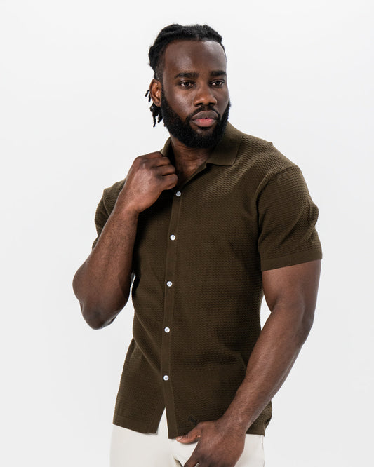 Textured Knit Short Sleeve Button Down - Olive | State & Liberty Tops