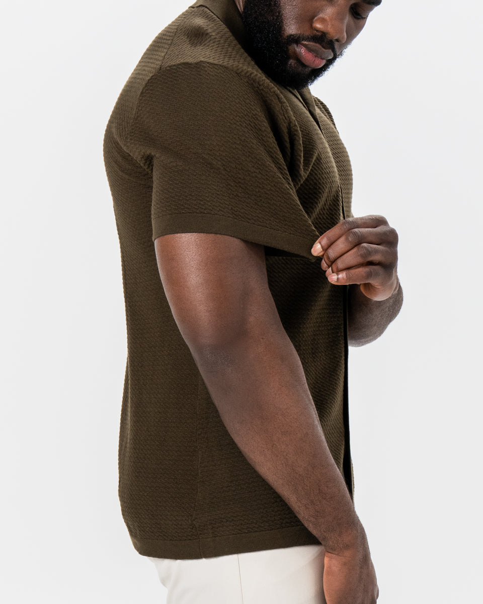 Textured Knit Short Sleeve Button Down - Olive | State & Liberty Tops