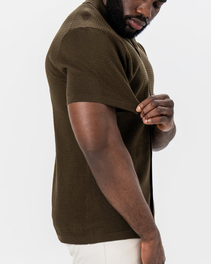 Textured Knit Short Sleeve Button Down - Olive | State & Liberty Tops