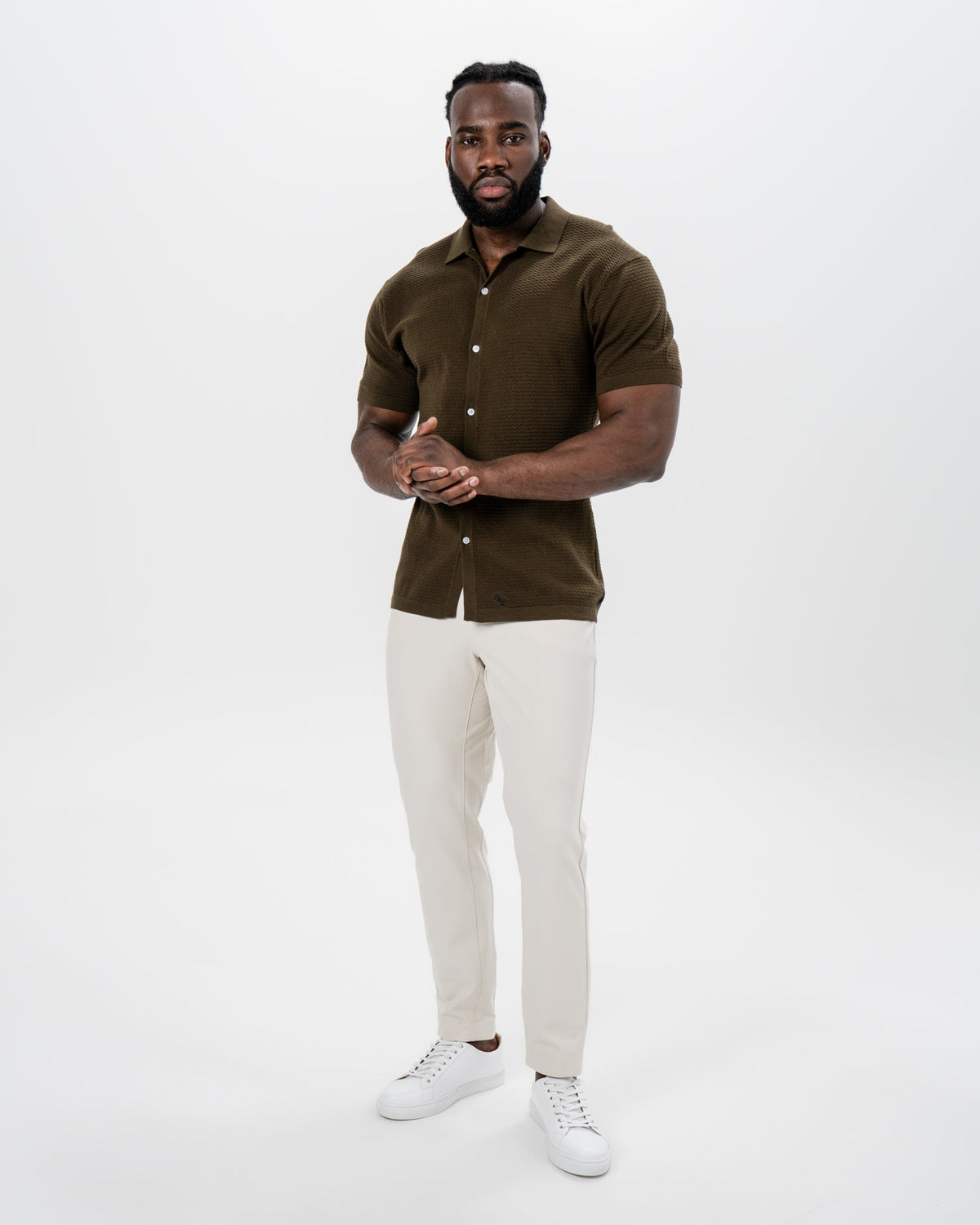 Textured Knit Short Sleeve Button Down - Olive | State & Liberty Tops