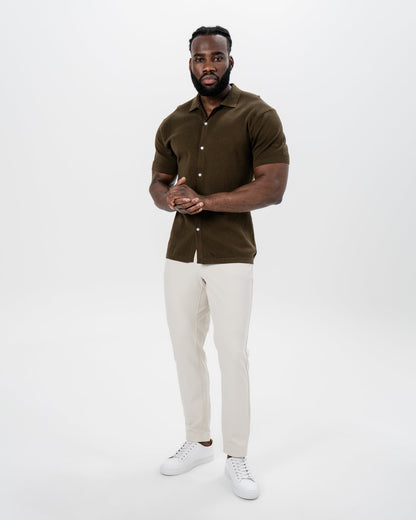 Textured Knit Short Sleeve Button Down - Olive | State & Liberty Tops