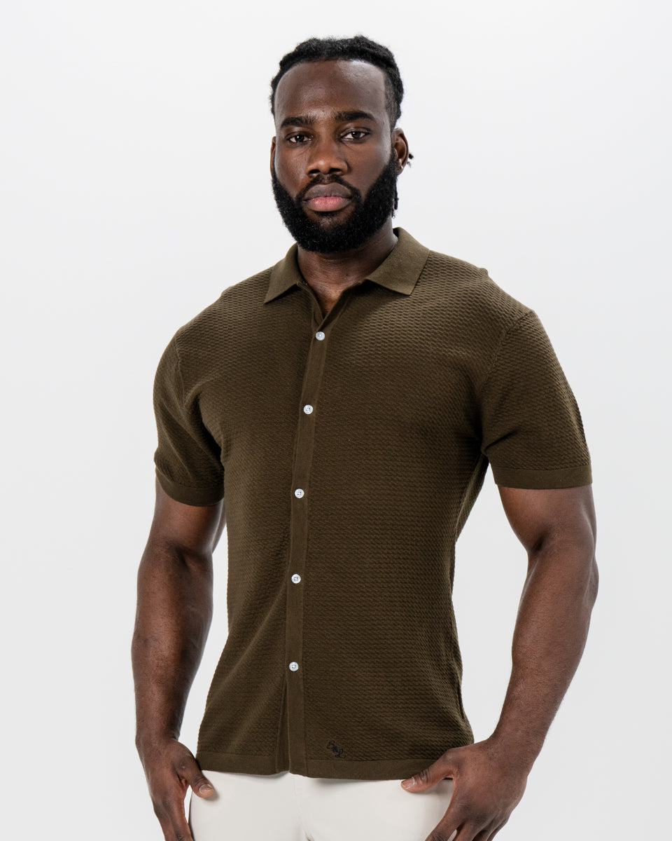 Textured Knit Short Sleeve Button Down - Olive | State & Liberty Tops