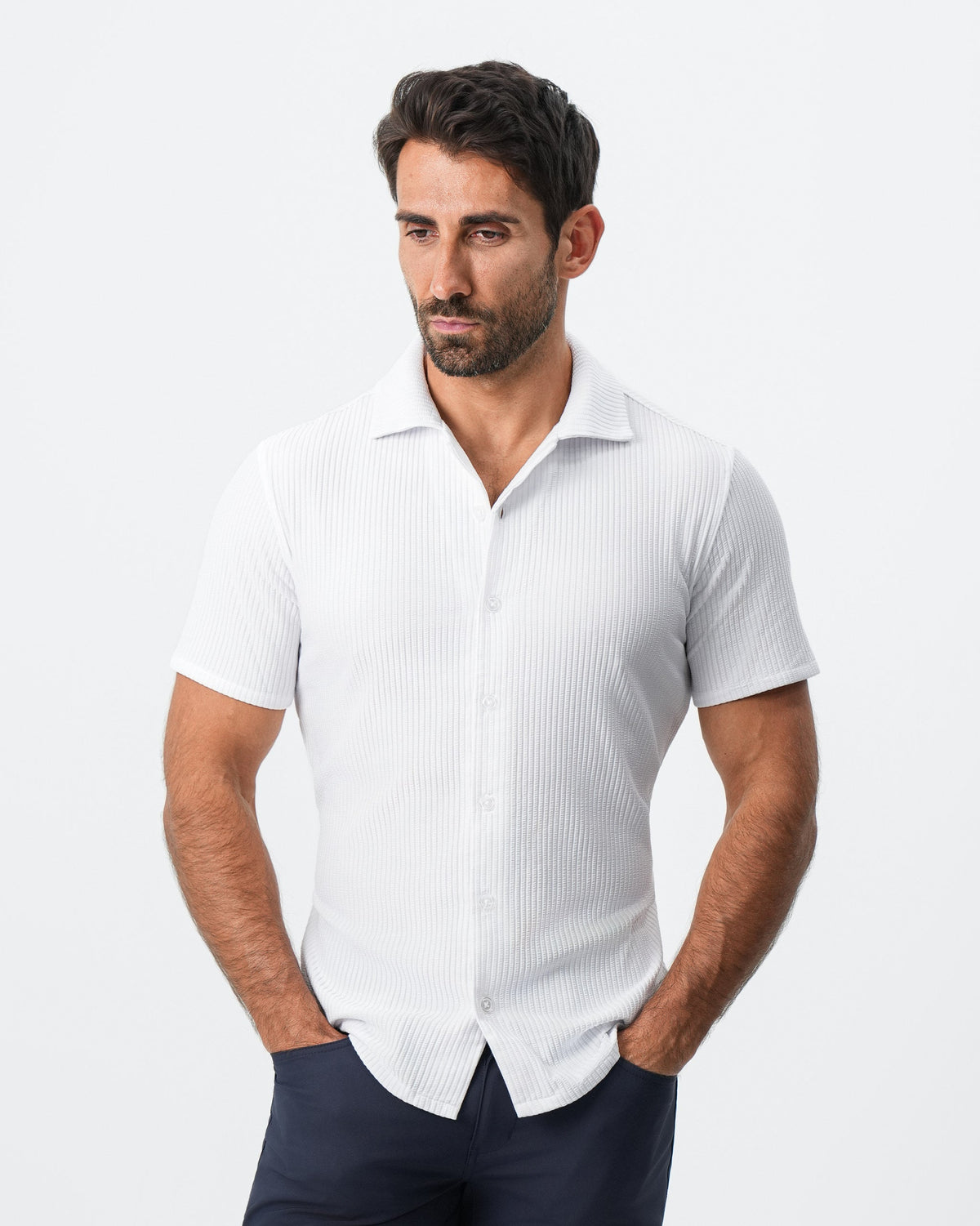 Seersucker Short Sleeve Button Down - White | State & Liberty Tops