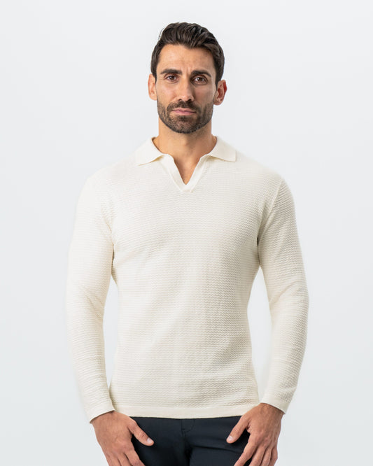 Textured Buttonless Long Sleeve Polo - Tan | State & Liberty Tops