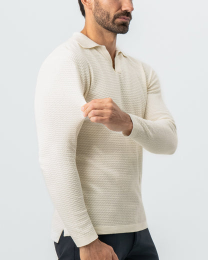 Textured Buttonless Long Sleeve Polo - Tan | State & Liberty Tops