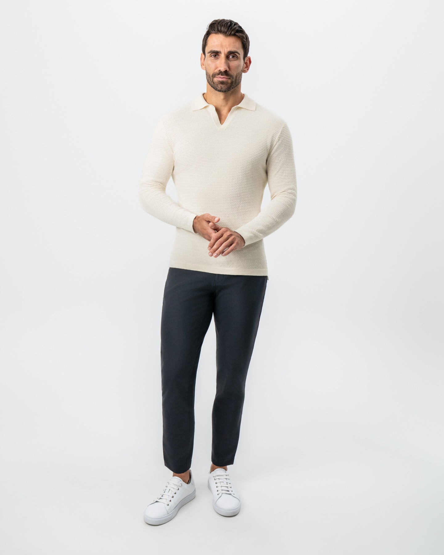 Textured Buttonless Long Sleeve Polo - Tan | State & Liberty Tops