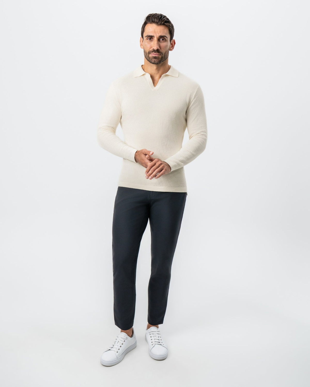Textured Buttonless Long Sleeve Polo - Tan | State & Liberty Tops