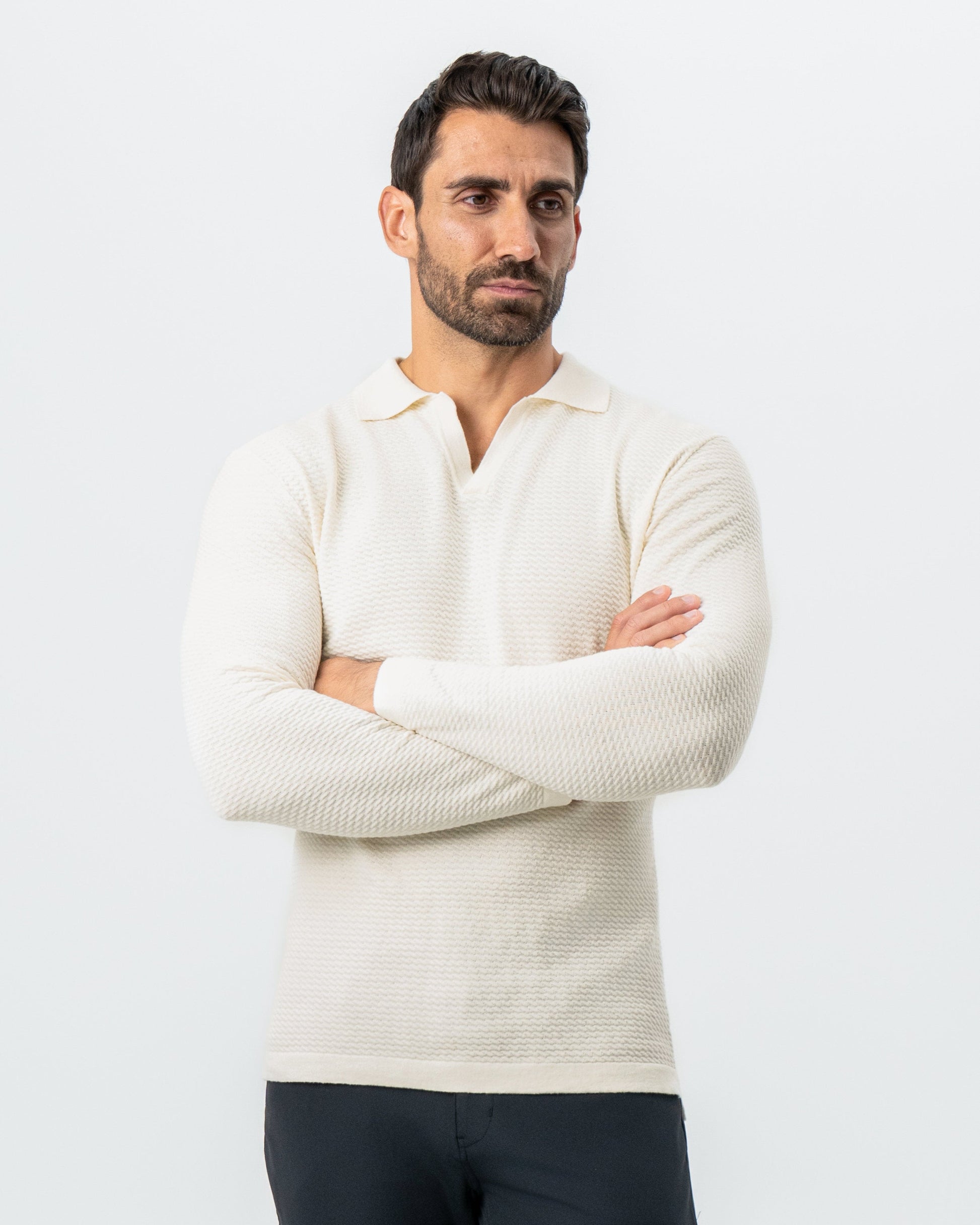 Textured Buttonless Long Sleeve Polo - Tan | State & Liberty Tops