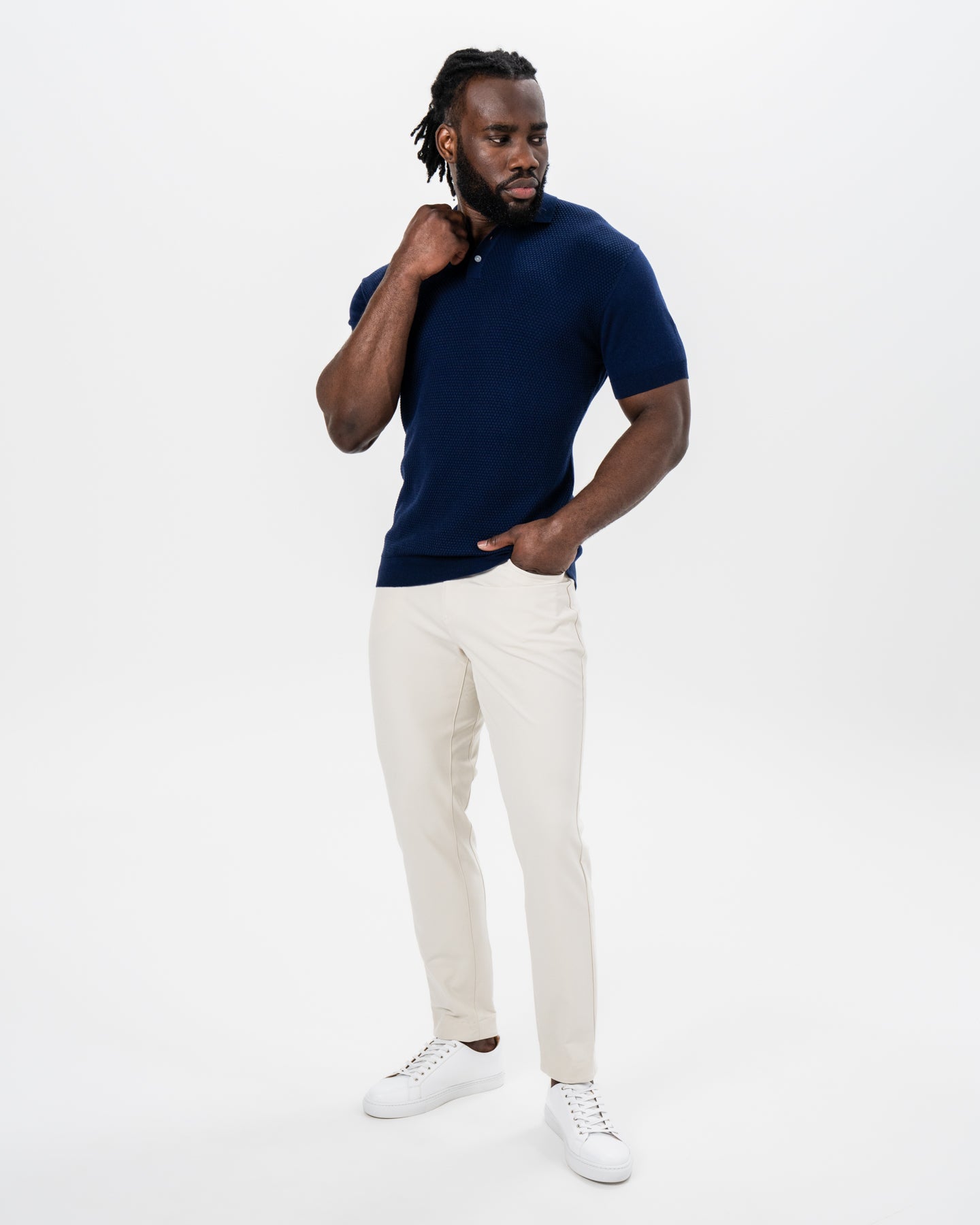 Textured Knit Cashmere Polo - Navy | State & Liberty Tops