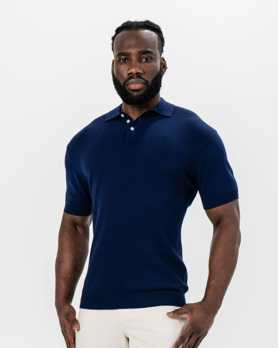 Textured Knit Cashmere Polo - Navy | State & Liberty Tops