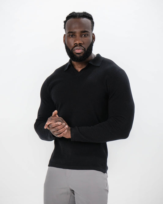 Textured Buttonless Long Sleeve Polo - Black | State & Liberty Tops