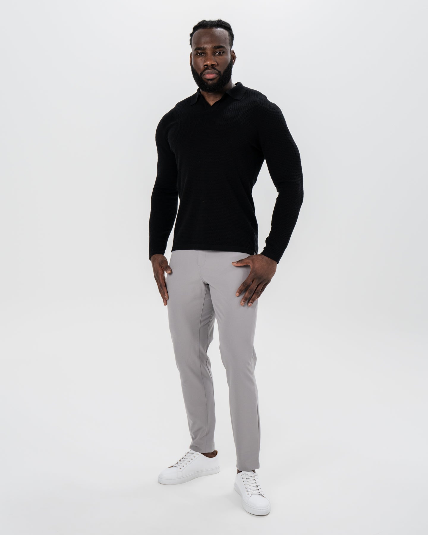 Textured Buttonless Long Sleeve Polo - Black | State & Liberty Tops