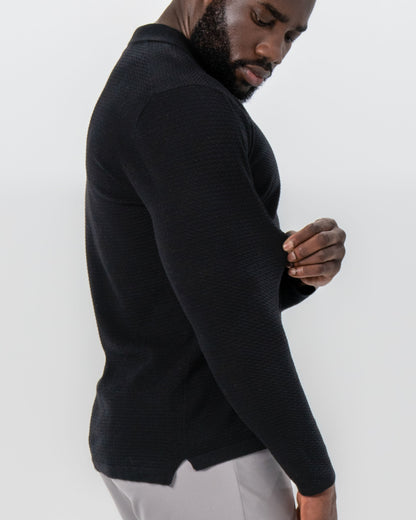 Textured Buttonless Long Sleeve Polo - Black | State & Liberty Tops