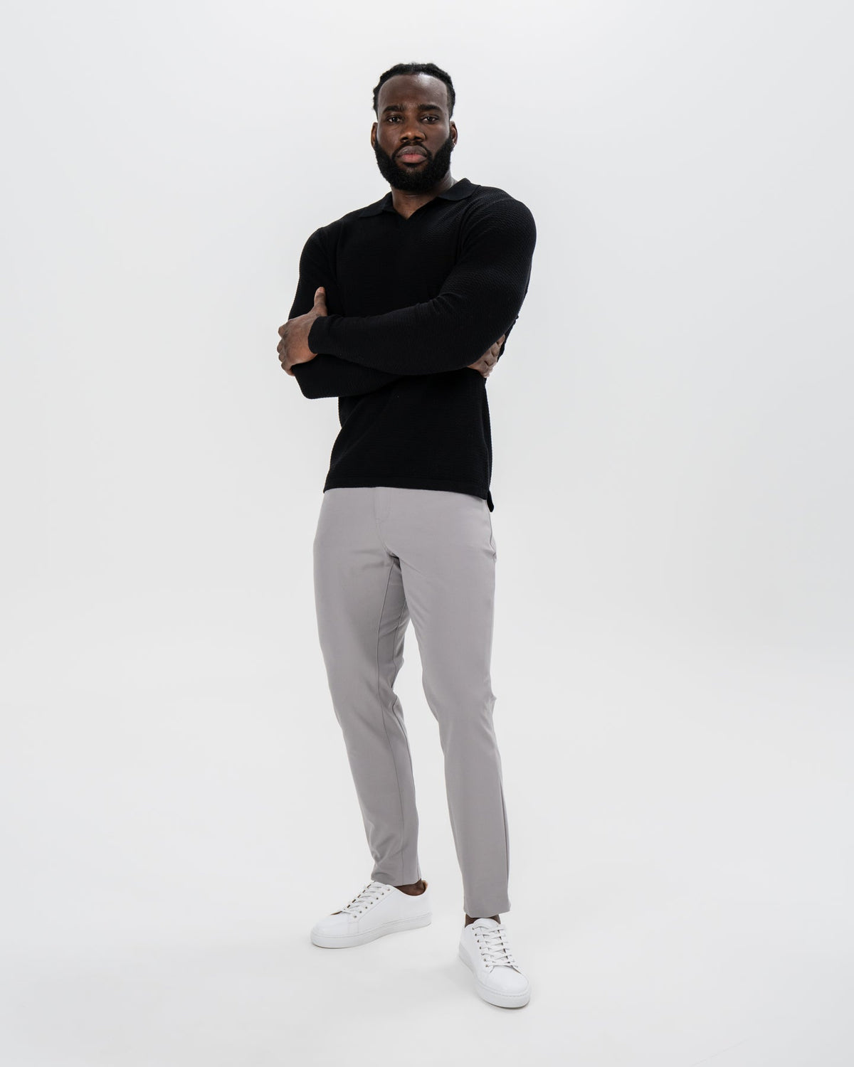 Textured Buttonless Long Sleeve Polo - Black | State & Liberty Tops