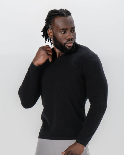 Textured Buttonless Long Sleeve Polo - Black | State & Liberty Tops