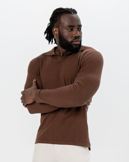 Textured Buttonless Long Sleeve Polo - Brown | State & Liberty Tops