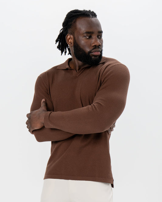 Textured Buttonless Long Sleeve Polo - Brown | State & Liberty Tops