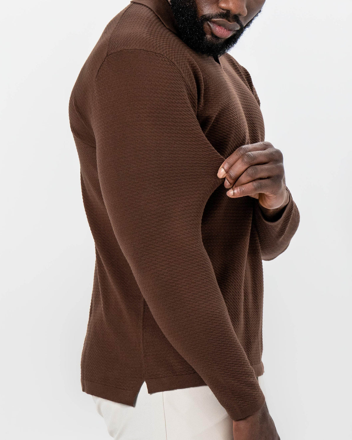 Textured Buttonless Long Sleeve Polo - Brown | State & Liberty Tops