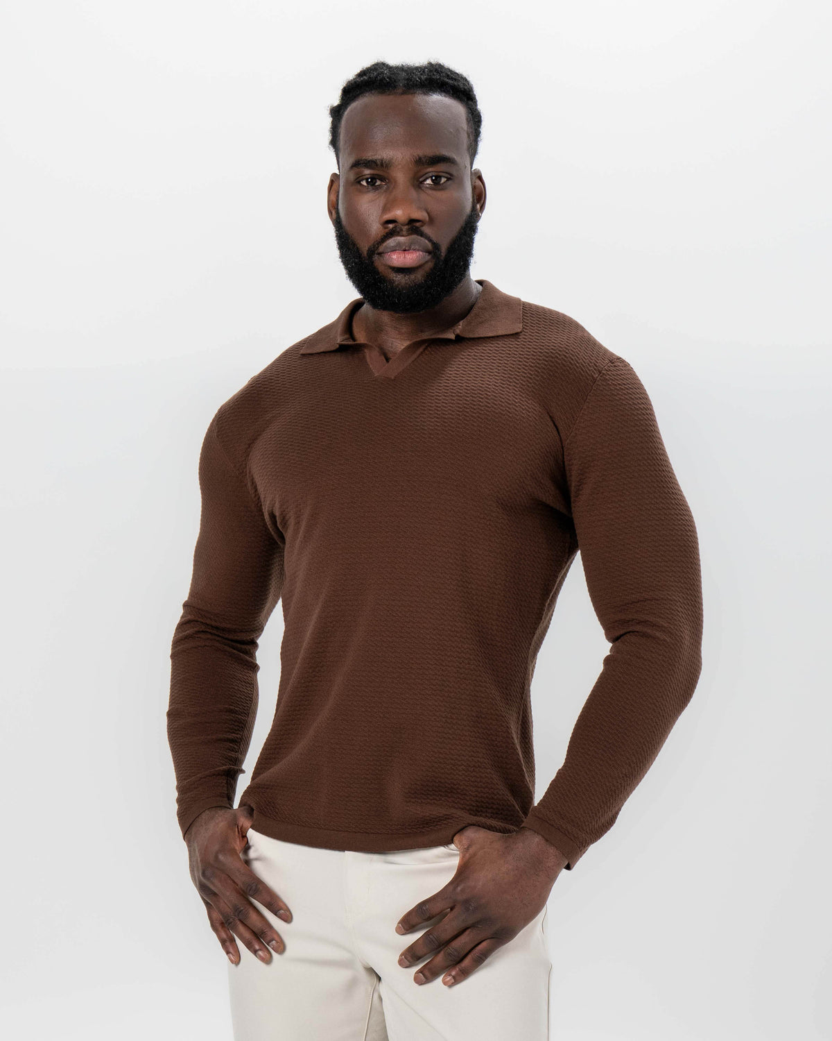 Textured Buttonless Long Sleeve Polo - Brown | State & Liberty Tops