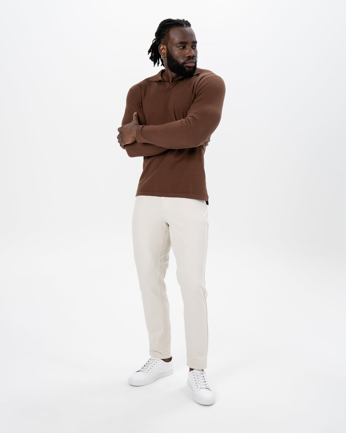 Textured Buttonless Long Sleeve Polo - Brown | State & Liberty Tops