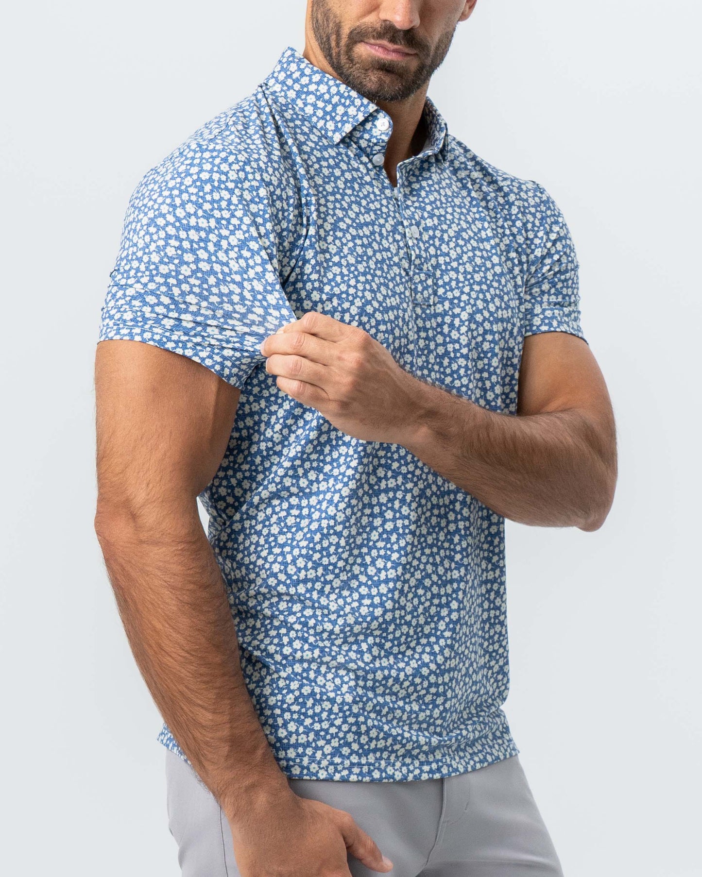 "The Ken" White & Light Blue Floral Print Polo | State & Liberty Tops