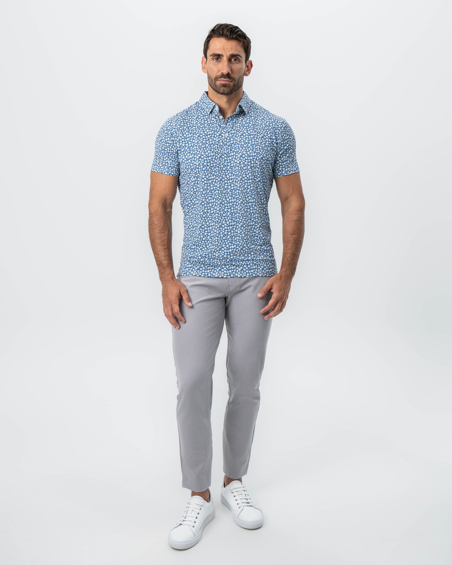 "The Ken" White & Light Blue Floral Print Polo | State & Liberty Tops