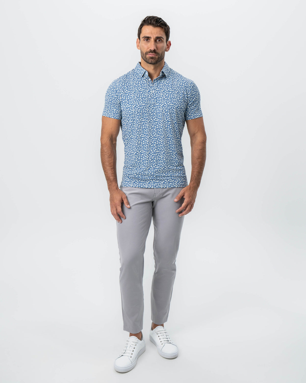 "The Ken" White & Light Blue Floral Print Polo | State & Liberty Tops