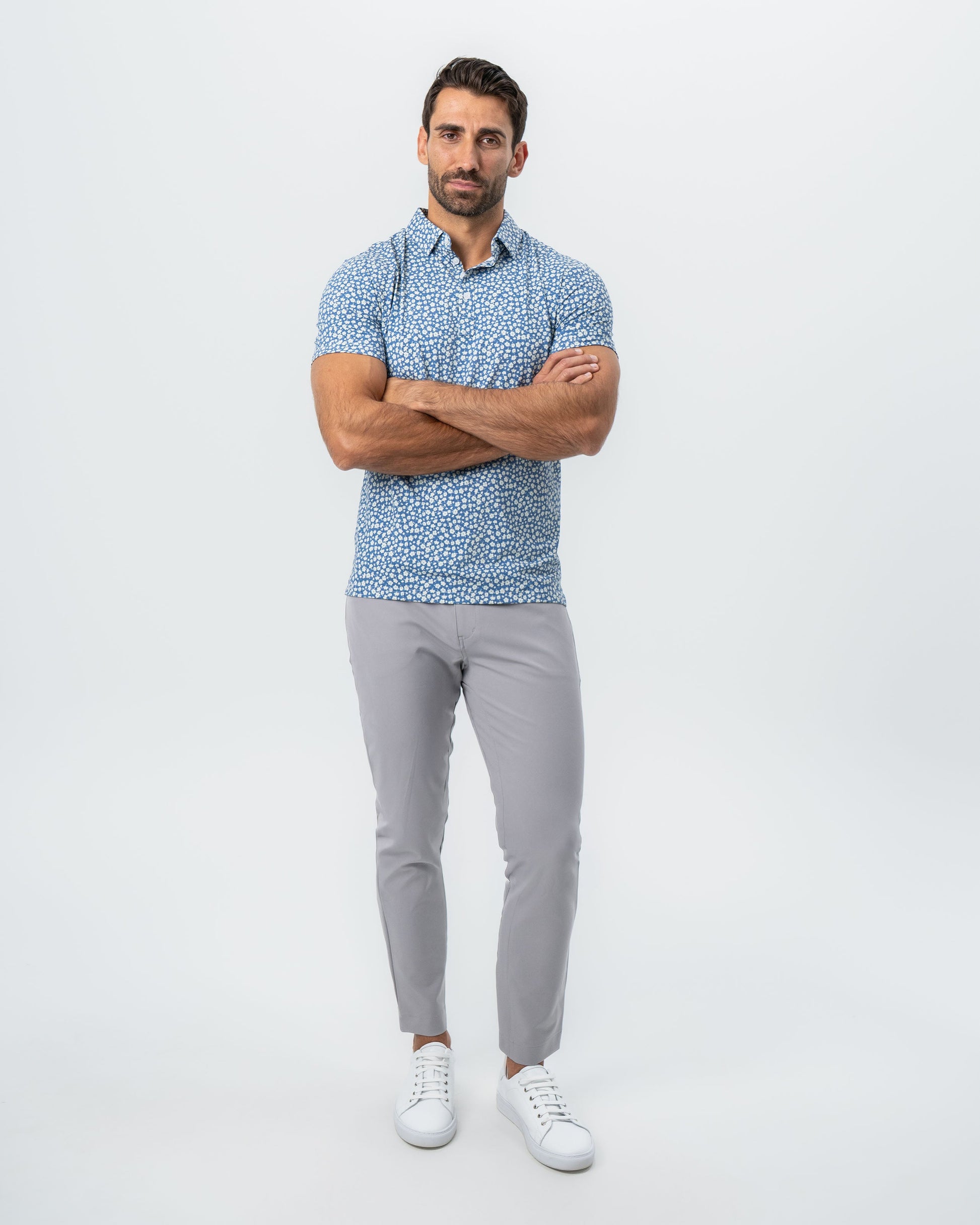 "The Ken" White & Light Blue Floral Print Polo | State & Liberty Tops