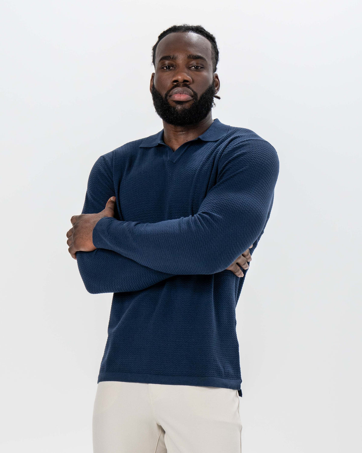 Textured Buttonless Long Sleeve Polo - Navy | State & Liberty Tops