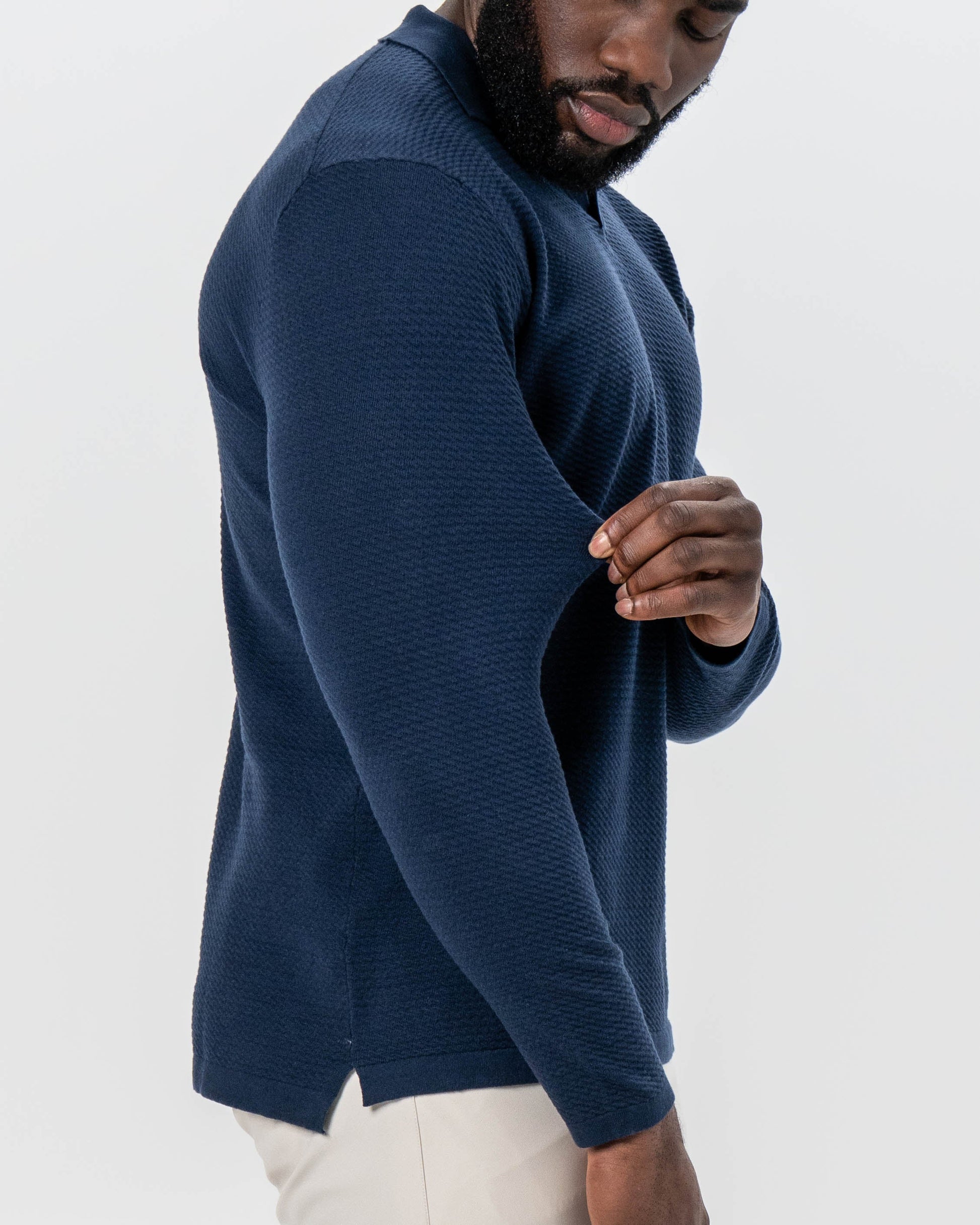 Textured Buttonless Long Sleeve Polo - Navy | State & Liberty Tops