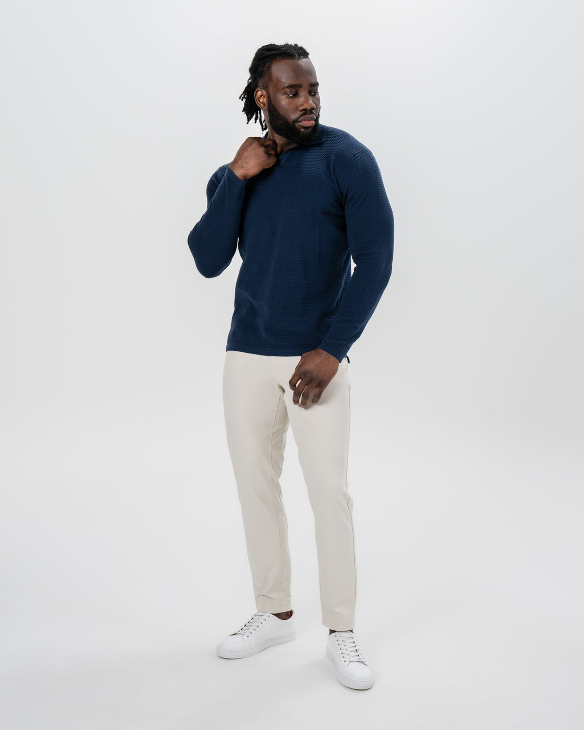 Textured Buttonless Long Sleeve Polo - Navy | State & Liberty Tops