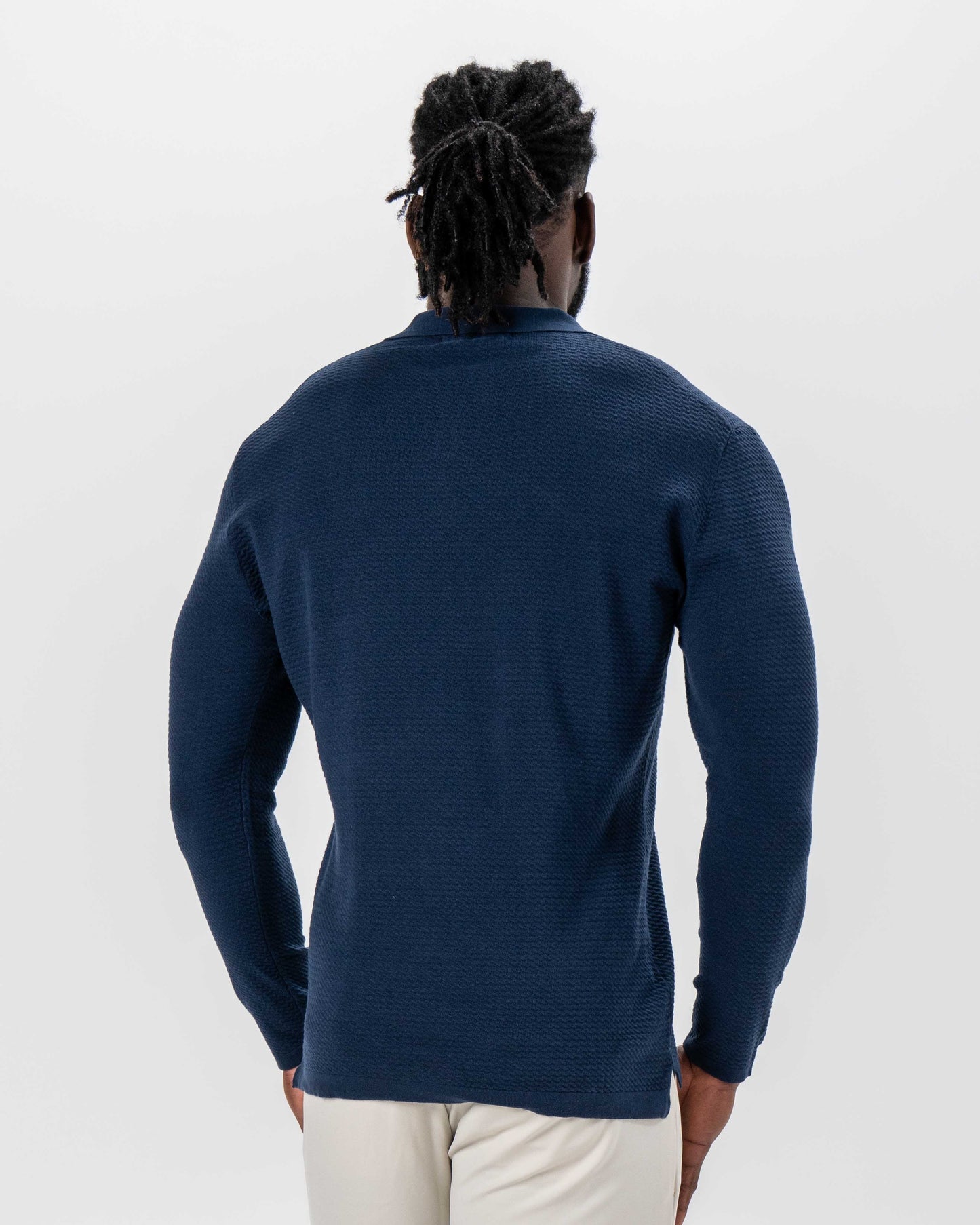 Textured Buttonless Long Sleeve Polo - Navy | State & Liberty Tops