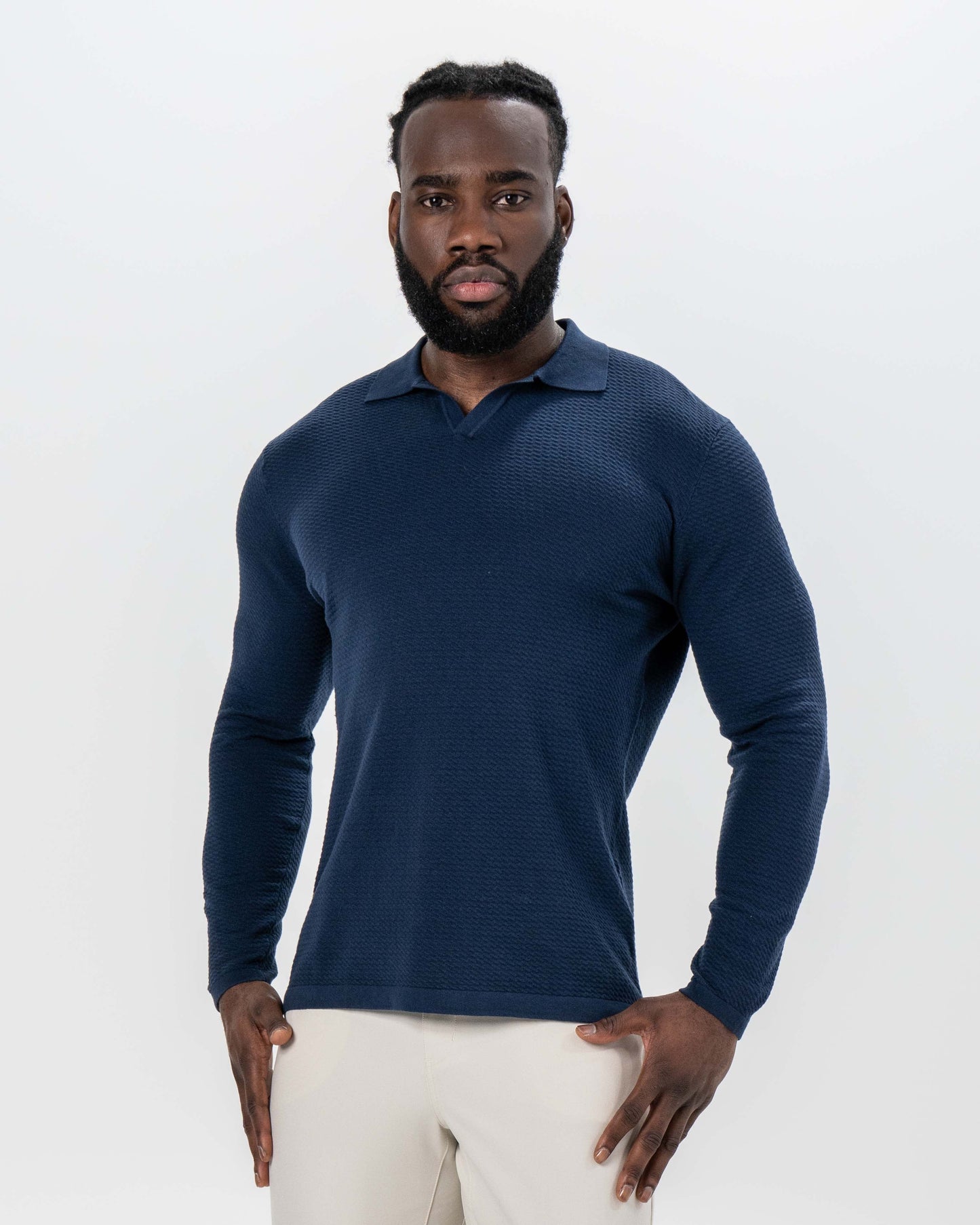 Textured Buttonless Long Sleeve Polo - Navy | State & Liberty Tops