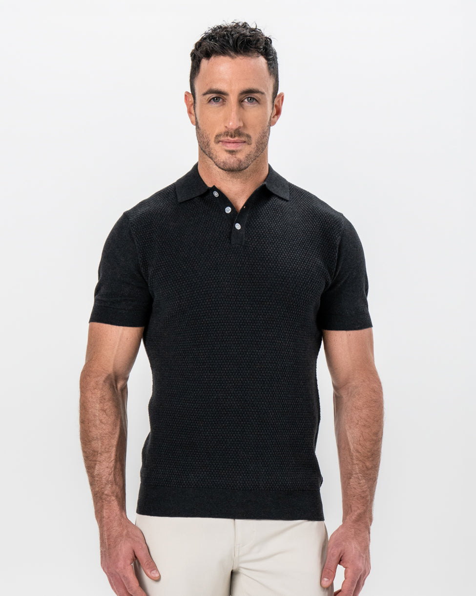 Textured Knit Cashmere Polo - Charcoal | State & Liberty Tops
