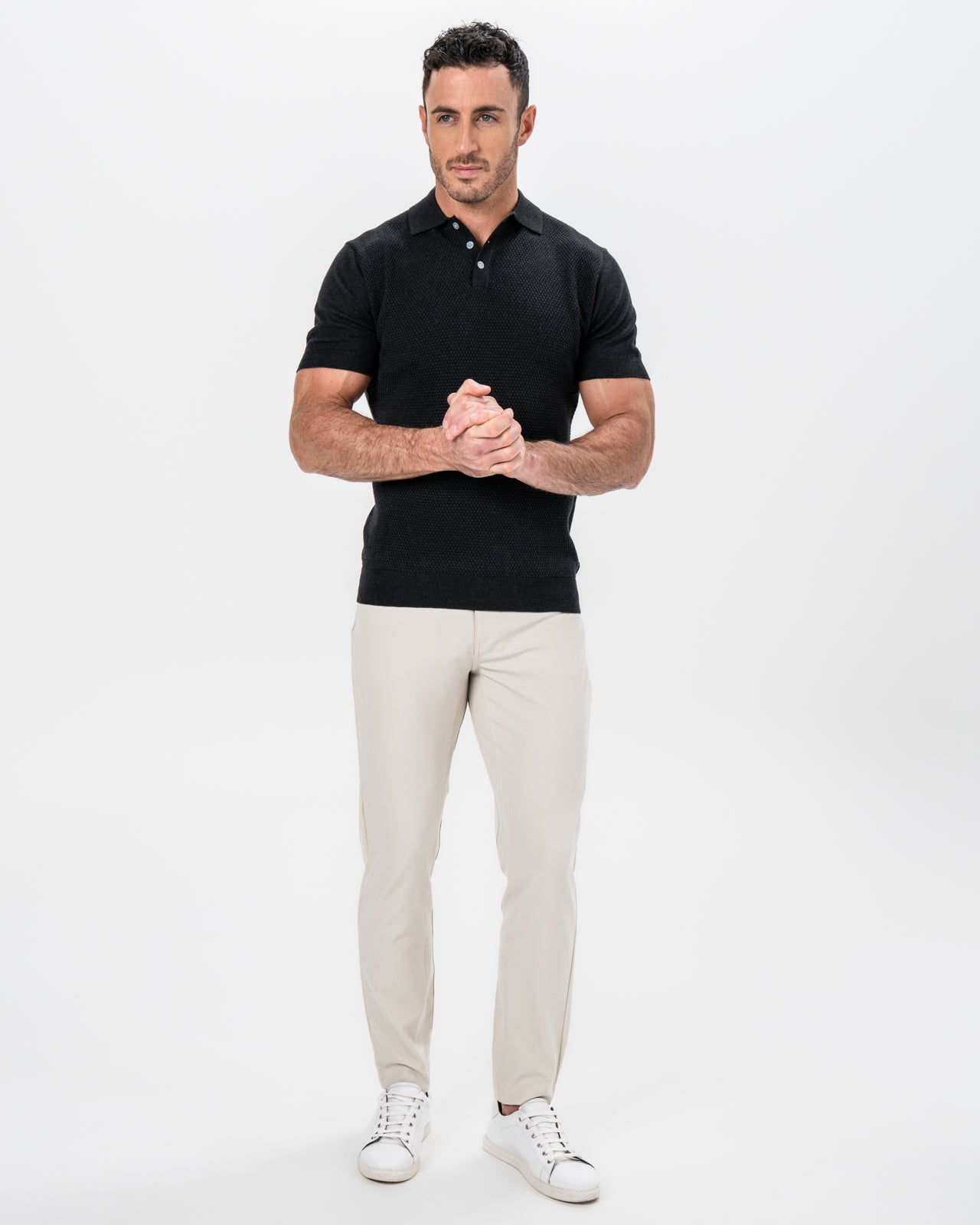 Textured Knit Cashmere Polo - Charcoal | State & Liberty Tops