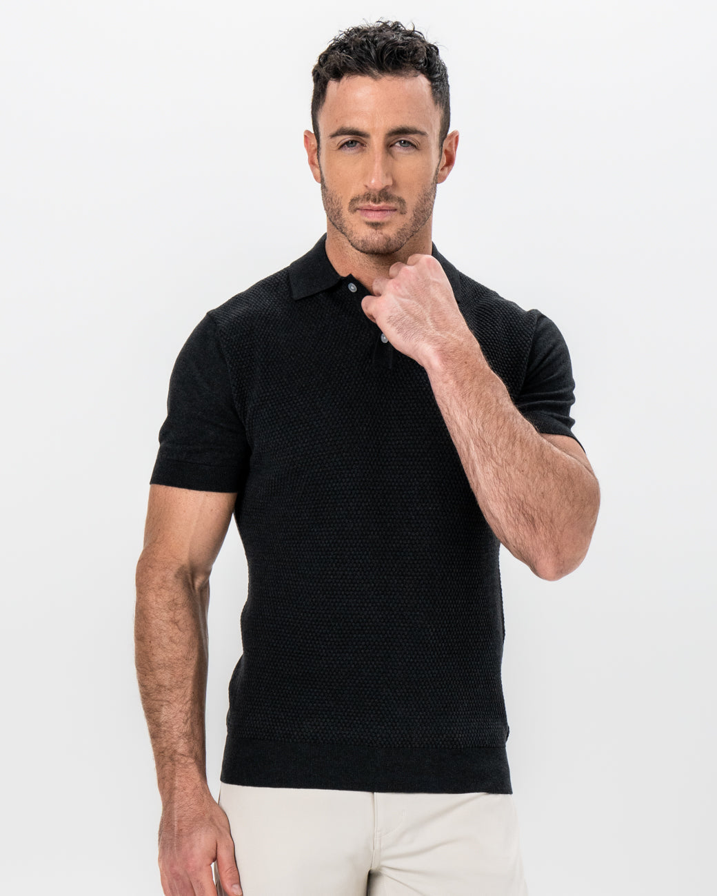 Textured Knit Cashmere Polo - Charcoal | State & Liberty Tops