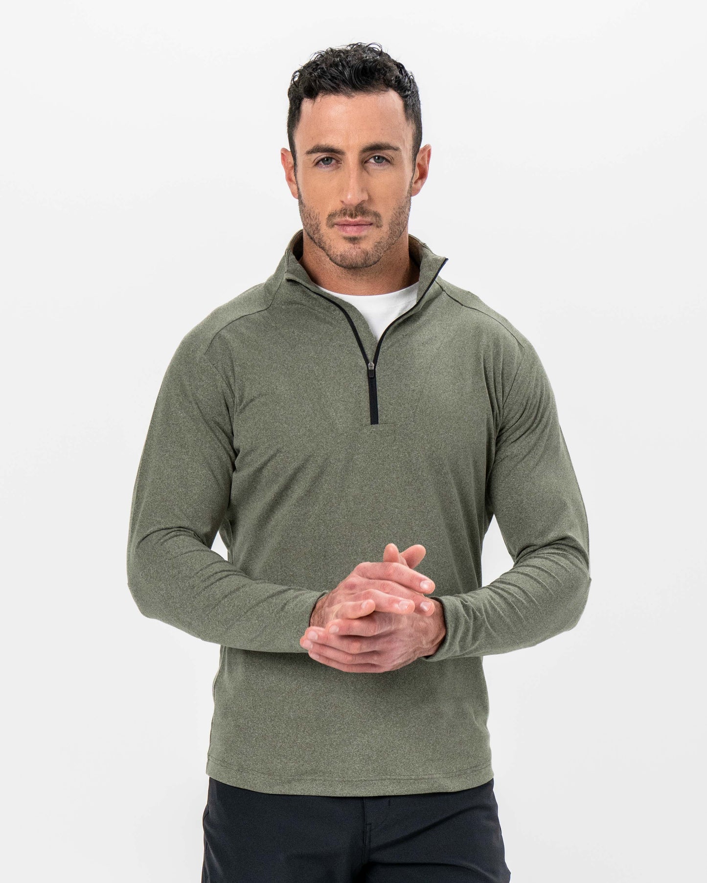 Brushed Quarter Zip - Heathered Olive | State & Liberty Tops