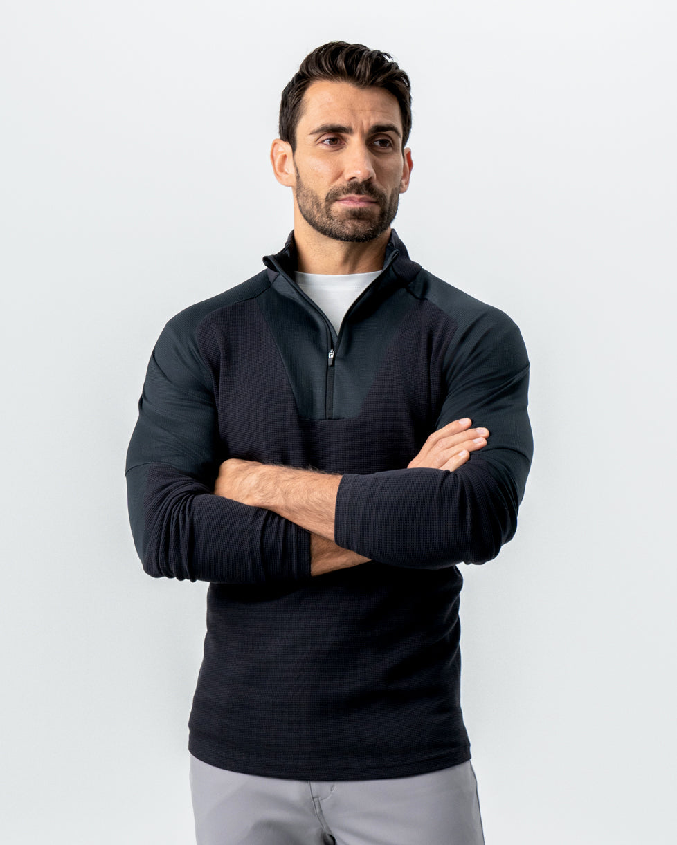 Waffle Knit Quarter Zip - Solid Black | State & Liberty Tops