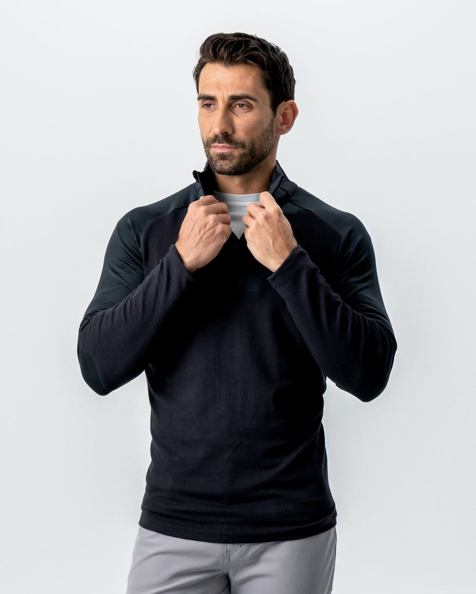 Waffle Knit Quarter Zip - Solid Black | State & Liberty Tops